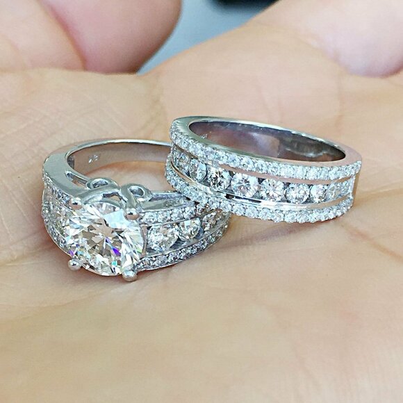 💝 Eternity Full CZ Diamonds Silver Plated Couple Chunky Ring Set, UNVN12286 - Picture 8 of 9